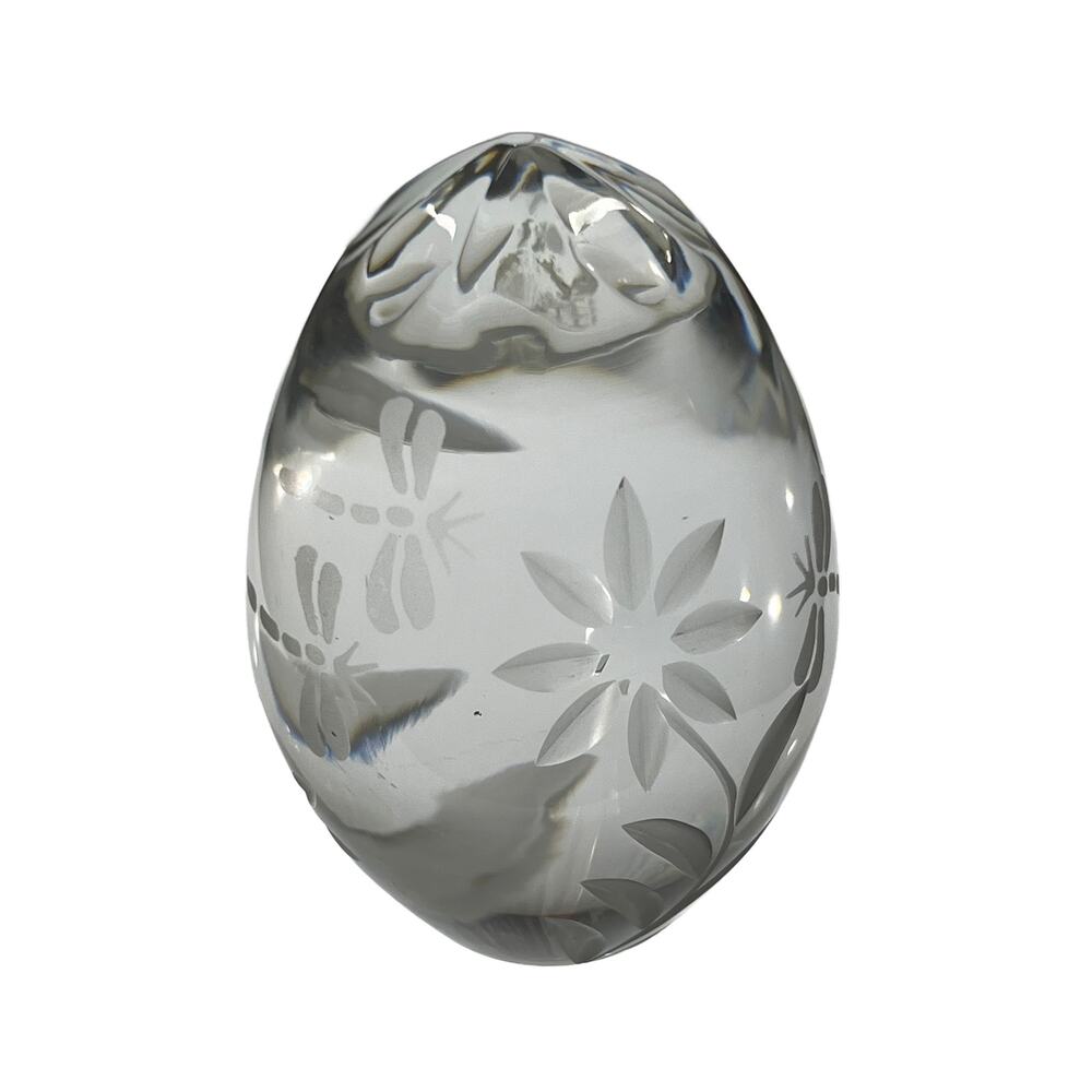 VTG Sullivan Clear Crystal Egg with Dragonflies/Flowers Etched/Cut Paperweight